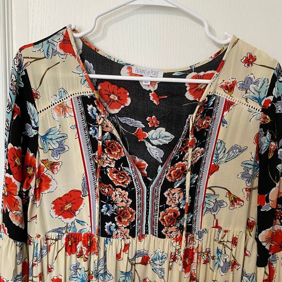 Patrons of Peace Wms S Floral Tie Neck Dress Ruffled Border Boho Cottagecore - Picture 5 of 9